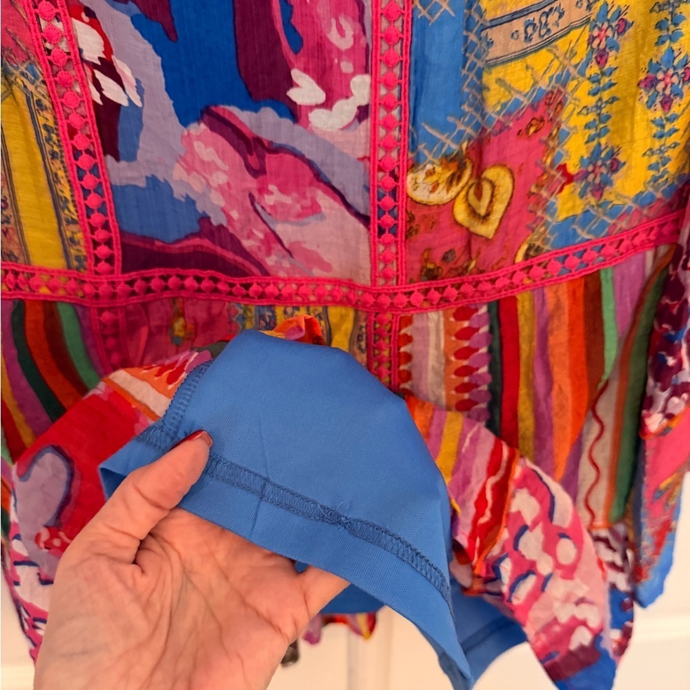 CALESSA S Fiesta Patchwork Print Boho Square-Neck 3/4 Bell Cuff Sleeve Blouse - Picture 4 of 13
